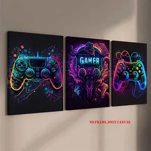 3 Piece Set, Frameless Canvas Art, Unframed Wall Art, Canvas Prints, Neon Game Console Pattern, Wall Art Poster, Home and Living Room Decoration, Family Lounge Wall Art, Modern Cool Design, Modern Home Decor