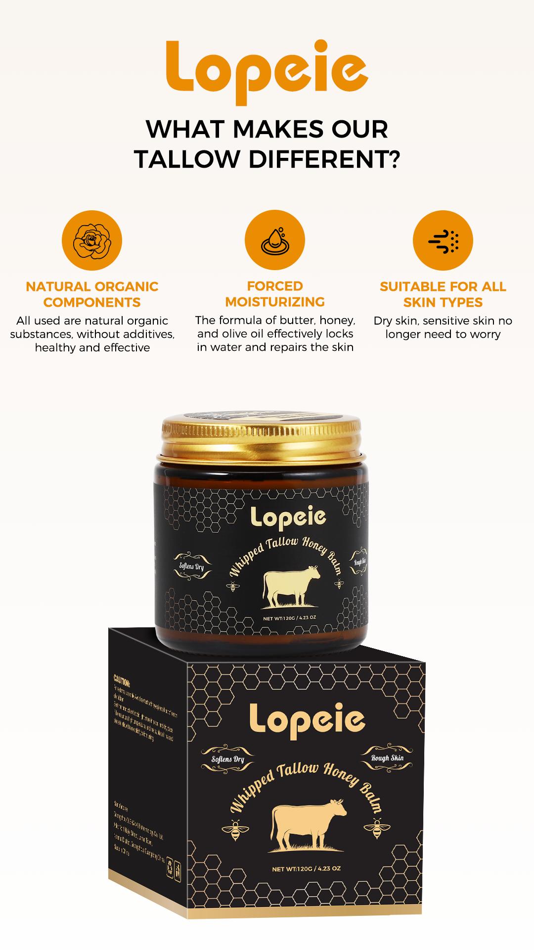 Lopeie Whipped Grass-Fed Beef Tallow Honey Balm - 4 Oz,Moisturizing Cream for Soft, Smooth Skin - Handmade All-Natural Moisturizer - Lavender