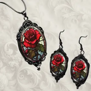 Stained Glass Rose Gothic Victorian Black Necklace Earring Set Vintage Antique Inspired