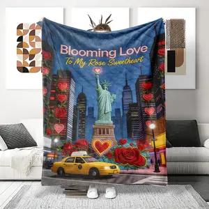 Ultra-Soft Flannel Printed Woolen Blanket, Nyc Statue of Liberty Rose Heart Design, Ideal for Anniversaries Birthdays Gifts