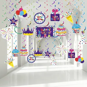 30 count Happy Birthday Hanging Decorations Ceiling Hanging Swirl Decoration Foil Streamer Swirl Spiral Door Decoration Colorful Cupcake Balloon Sign Swirl Decor for Boy Girl  Birthday Party