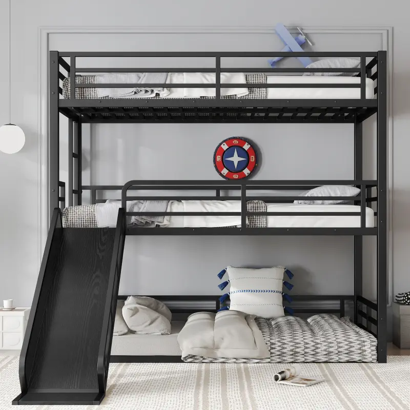 【Bellemave】Twin XL over Twin XL over Twin XL Bunk Bed with Slide, Metal Triple Bunk Bed with Safety Guardrails, Heavy-duty Bunk Bed with Noise-reduced Design, Black