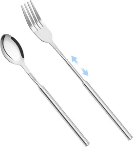 2 PCS Extendable Fork Spoon Set, Telescopic Stainless Steel Fork Spoon, Extendable 25.3 In, Dinner Forks for BBQ Dinner Fruit Dessert, Camping Flatware