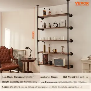 VEVOR Industrial Pipe Shelf, 5 Tier 2PCS, 11.8in Applicable Board Width Wall-Mount Floating Rustic Wood Shelves Bracket Bookshelf, Storage Holder for Kitchen Bedroom Bathroom, (Planks NOT Included)
