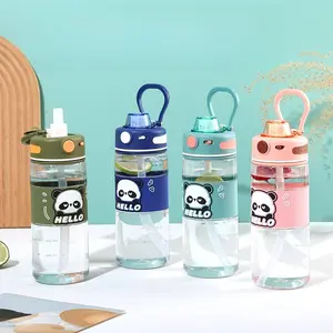 Panda plastic cup double drinking cup portable portable outdoor sports water cup transparent PC heat-resistant student elastic cover straw cup