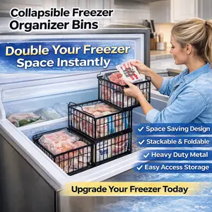 Freezer Organizer Bins 4 Pack Upgraded Max Capacity Stackable Foldable Baskets for Deep Freezer Chest Freezer Refrigerator Kitchen Storage Space Saving Large Capacity Metal Organizer for Frozen Food Storage Fits 5 7 Cubic Feet BPA Free Food Grade Durable