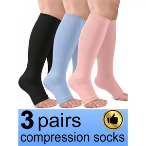 3 Pairs Women's Compression Socks, Open Toe High Compression Socks, Suitable For Sports, Running, Cycling, Hiking, Travel, Autumn