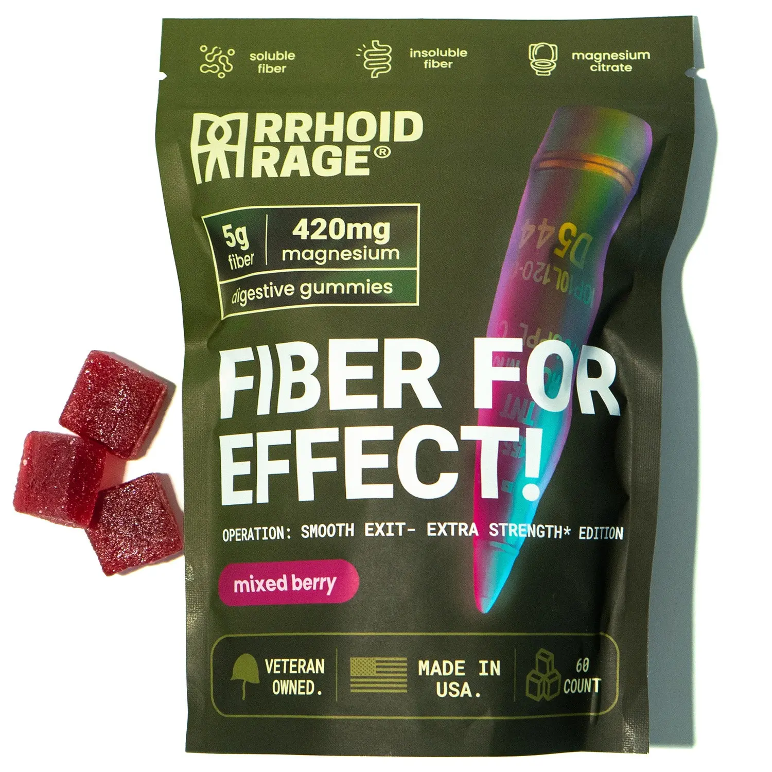 Rrhoid Rage Extra Strength Hemorrhoid Relief Dietary Fiber Gummies with Natural Magnesium Citrate, Natural Ingredients, Healthcare Digestive & Regularity Support, Mixed Berry Flavor, Non-GMO, Gluten-Free, Chewable, 60 Count