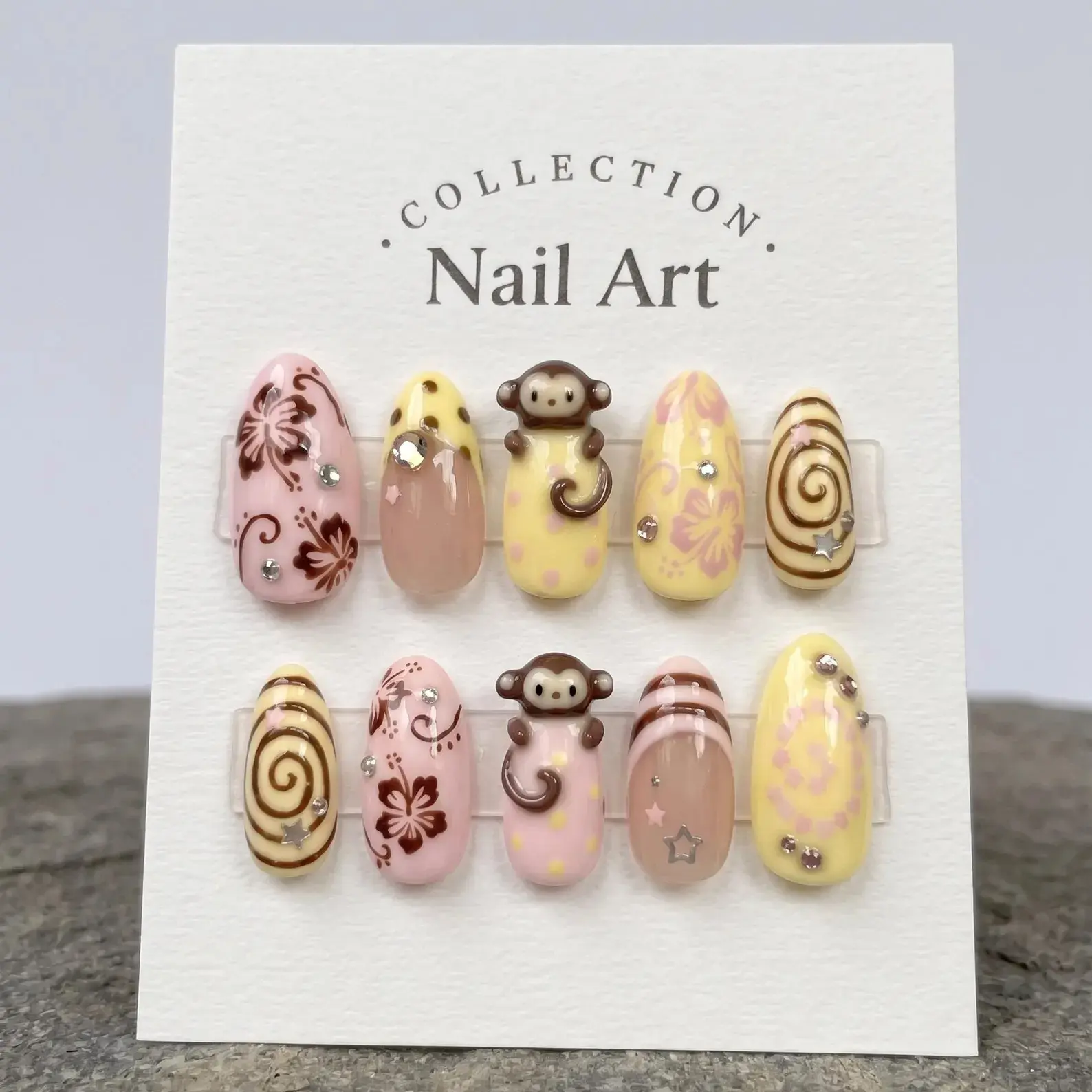 3D Monkey Fakes Nails, Cute Animal Press On Nails, Summer Holiday Nail Design