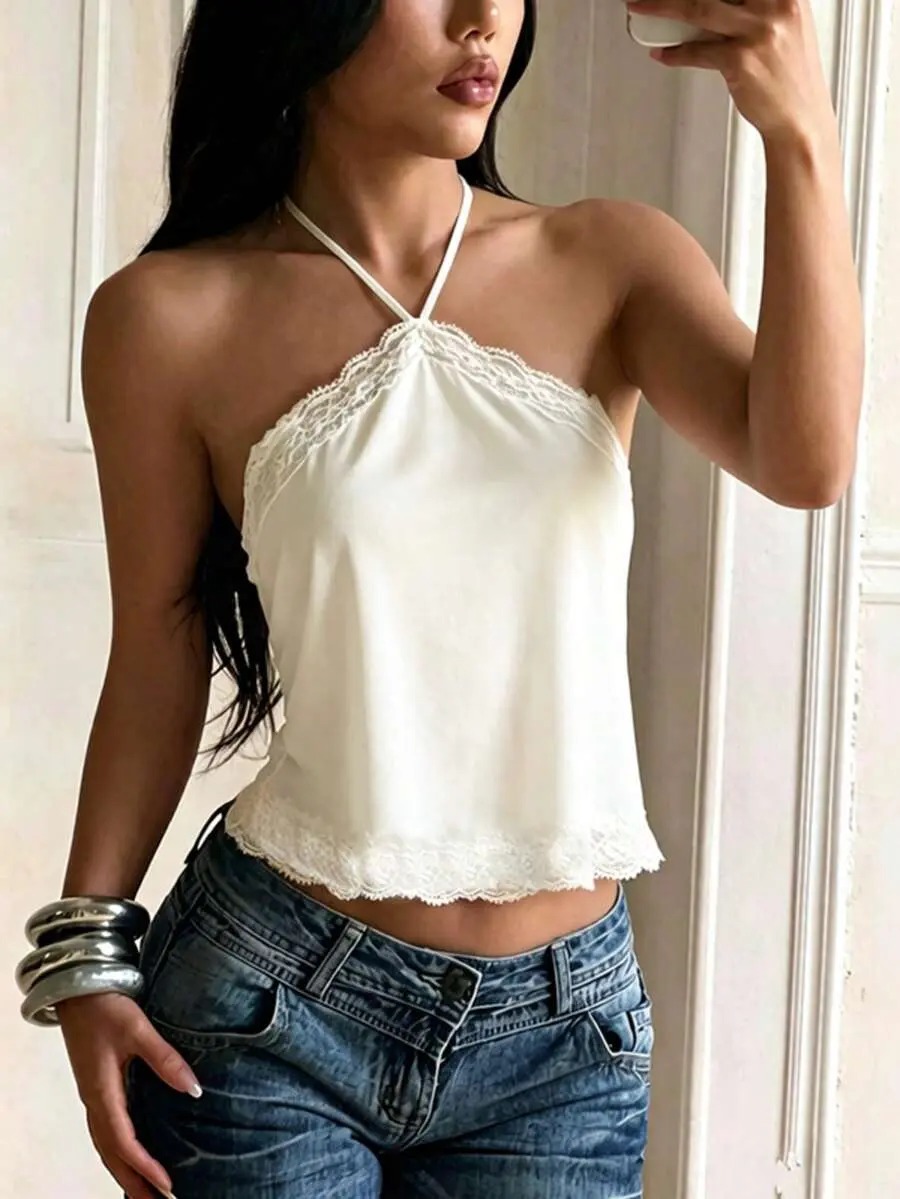 Minimalist Satin Halter Top with Lace Trim - Elegant Coquette Y2K Cami, Old Money Silk Tank for Date Night & Vacation!!! Fabric Fit