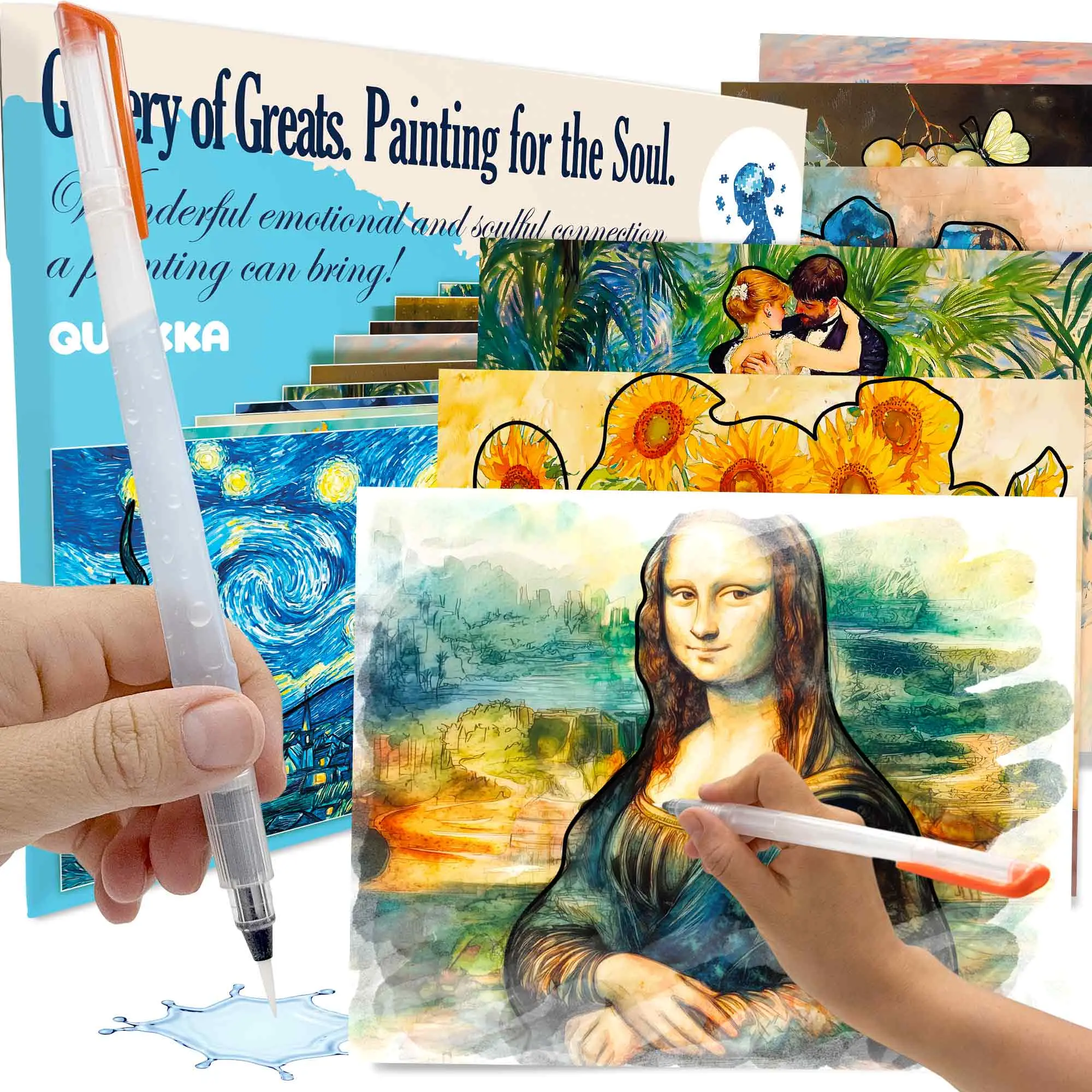 QUOKKA Water Painting Activity Set (10x8 Inches) - 1 Set, Adult Dementia & Alzheimer's Arts & Crafts, Conversation Aid for Seniors, Gallery of Greats Collection
