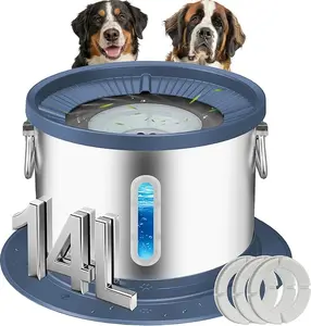 14L No Spill Dog Water Bowl, Stainless Steel Spill Proof Pet Bowl with View Window, Dual-Suction Anti-Slip Large Slow Drinking Bowl with Floating Disk for Large Dogs & Messy Drinkers