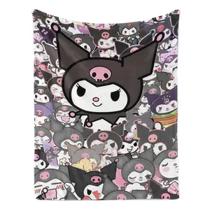 Viral Kuromi Plush Throw Blanket from Sanrio, Comfort Light Fabric Fit Air Condition Space, Trendy Black Purple Whimsy Pattern, Soft Fluffy Texture for Daily Relaxation