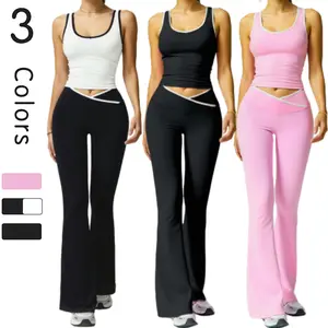 Women's Two-Piece Set Colorblock Contrast Binding Crop Tank Top & Flare Leg Pants Tracksuit Set Scoop Neck Sleeveless Top & Cross Waist Bell Bottom Trousers Summer Activewear Black Activewear