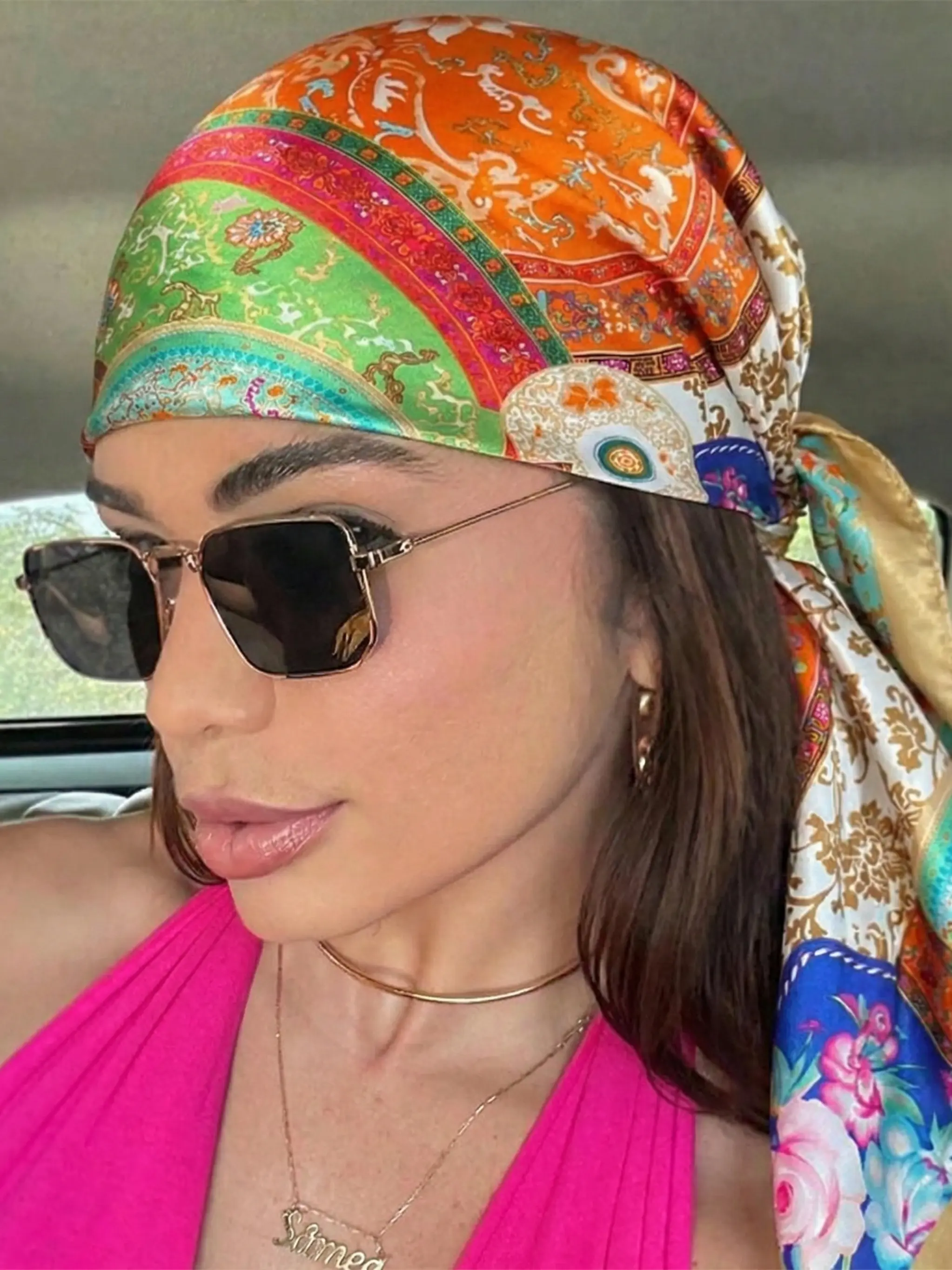 1pc exotic contrasting color stitching satin square scarf, retro bohemian style scarf, fashionable and versatile bandana, commuting and travel atmosphere decoration multi-purpose Hijab square scarf, Scarf Head Wrap