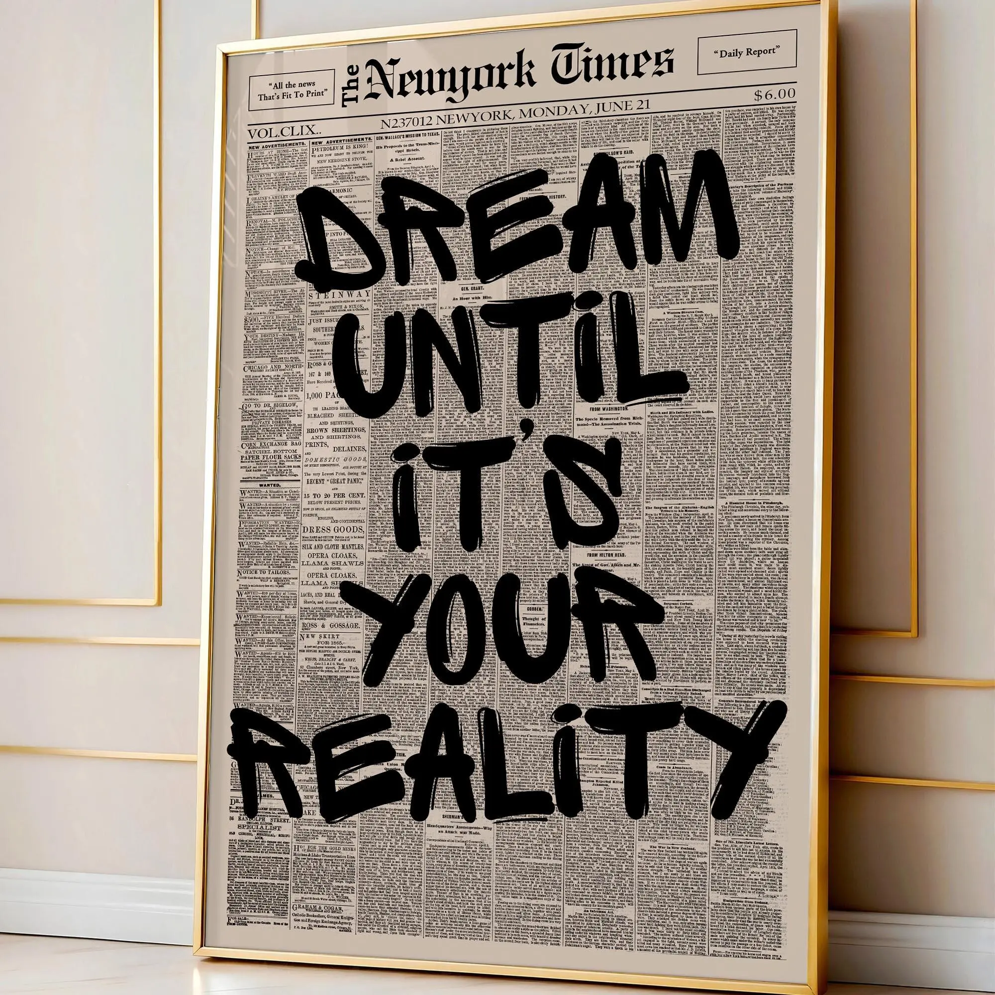 Retro Dream Until It's Your Reality Newspaper Poster, Minimalist Print, Typography Poster, Wall Decor, Motivation Poster