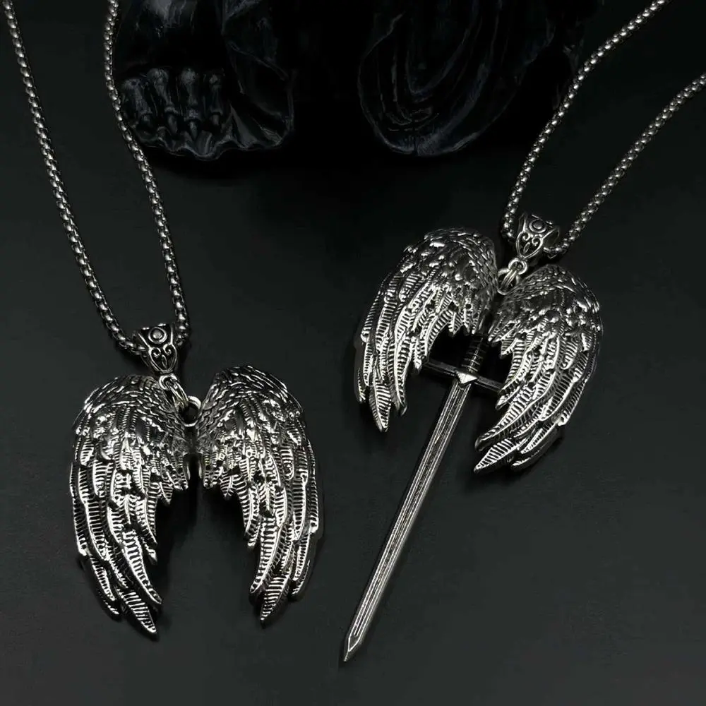 Y2K Gothic Personalized Creative Angel Wings and Sword Pendant Necklace, Couple Necklace, Suitable for Daily Wear