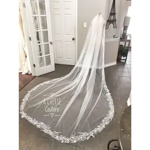 Mantilla Veil - Leafy Scroll Sequin Lace Cathedral Trailing Veil, Style CV10