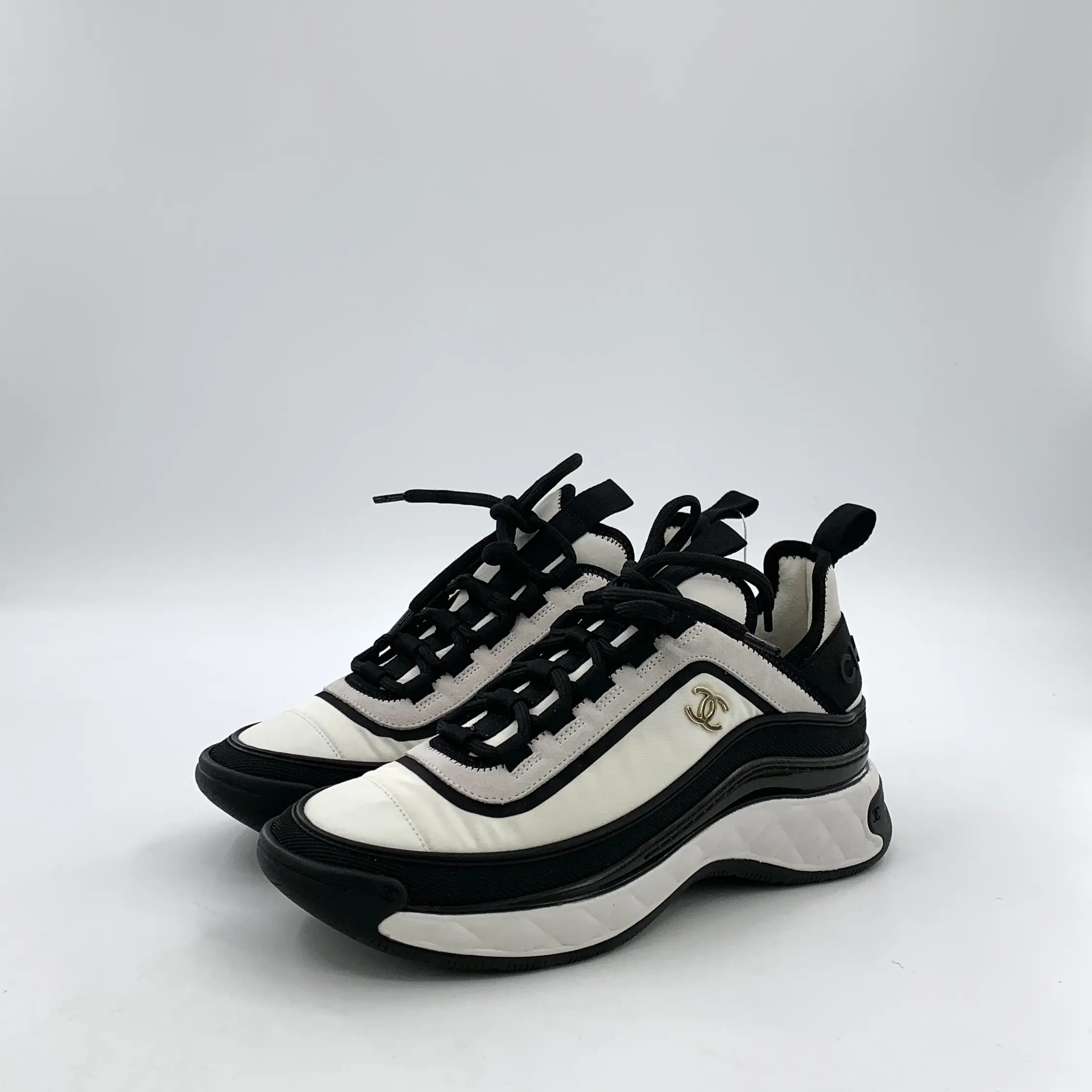 RDLTS— Chanel Black White CC Lace-Up Sneakers Size US 6.5