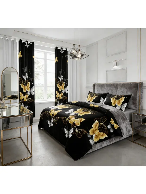9-Piece Microfiber Bedding Set with Butterfly Pattern - Microfiber Material, Breathable Soft Bedspread, Curtain, Pillowcase, All-Season, Farmhouse Decor, Queen/King/Full Size, Ideal Christmas Gift for Girls