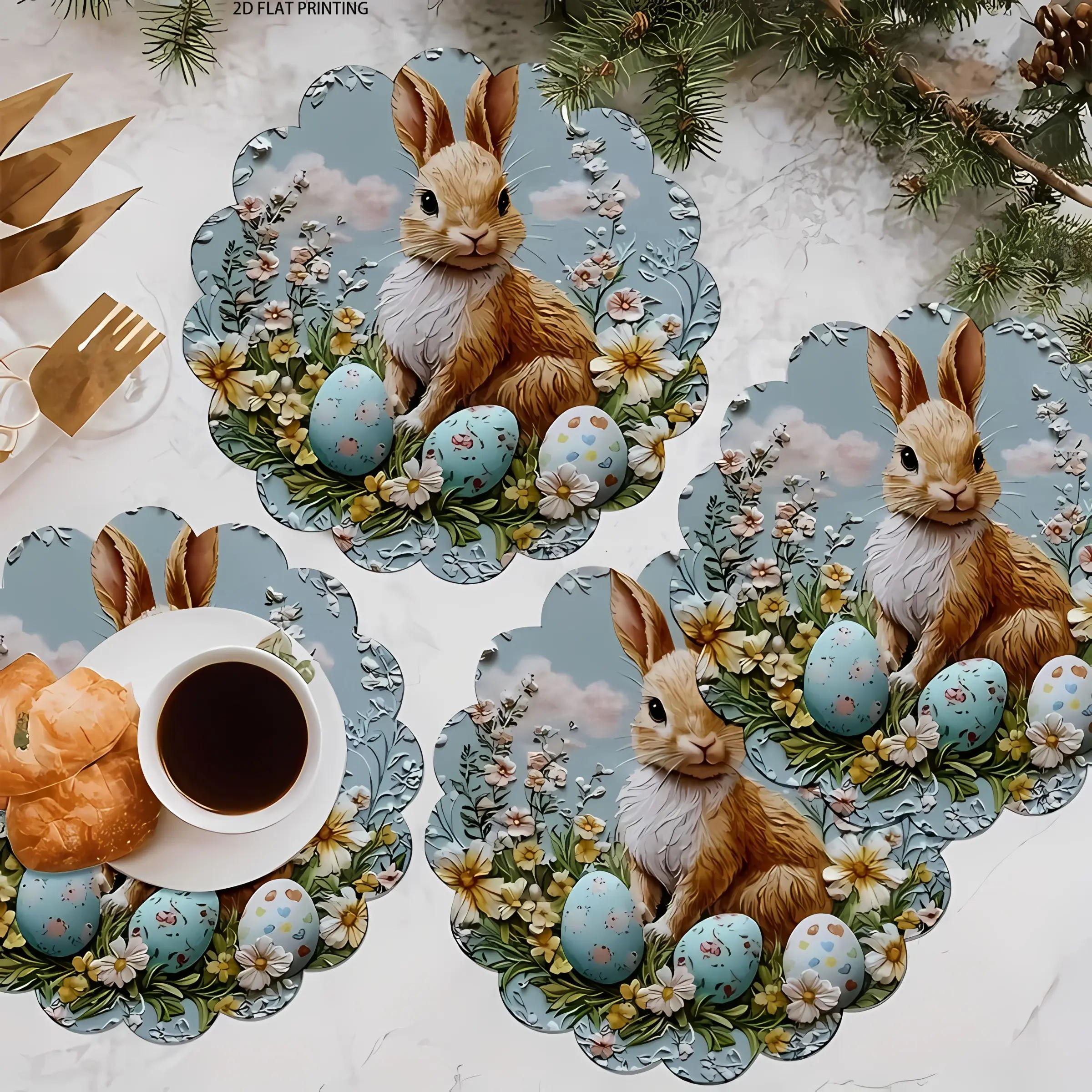 2D flat printing, 2-piece/4-piece/6-piece/8-piece set Easter circular Kitchen Decorative Placemat with scallop shaped rabbit and egg design, 15x15 inches, suitable for spring holiday restaurant decoration and holiday table arrangement