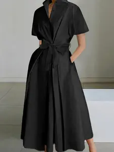 Hepburn Style Casual Shirt Dress, Waist Cinch Tie Design, Slimming Short Sleeve A-Line Skirt, Pocket Detail, Office Daily Wear