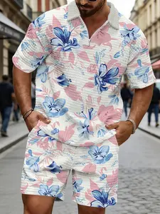 Men's Blue Tropical Floral Print Polo Matching Sets, Fresh Style Short Sleeve Shorts, Beach Casual Loose Two-Piece, Summer Fashion