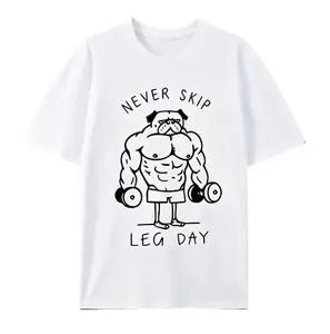 Men's 100% Cotton "Never Skip Leg Day" Funny Gym Pug Round Neck Shortsleeve White T-Shirt, Menswear Tops,summerwins