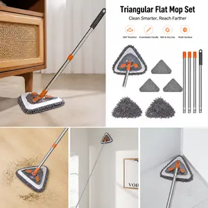 360-Degree Triangle Mop with Extendable 2m Rod, Washable Pads (3 Fiber Cloths + 3 Chenille Cloths) for Reaching Every Corner, 2M Rod + 3 Fiber Cloths + 3 Chenille Cloths