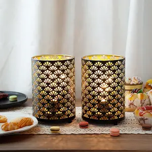 Set of 2 Battery Operated Lamp 6.5'' Tall Metal Cordless Table Lamp Bronze Lanterns with Warm Fairy Lights Bulb for Patio Garden Wedding Parties Indoor Outdoor(Scalloped Hollow Pattern)