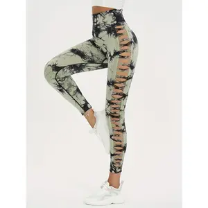 Seamless Lady Tie-Dye Yoga Pants, Side Hollow Butt Lift Workout Fitness Tights, Jogging Sports Leggings, Gym Clothing