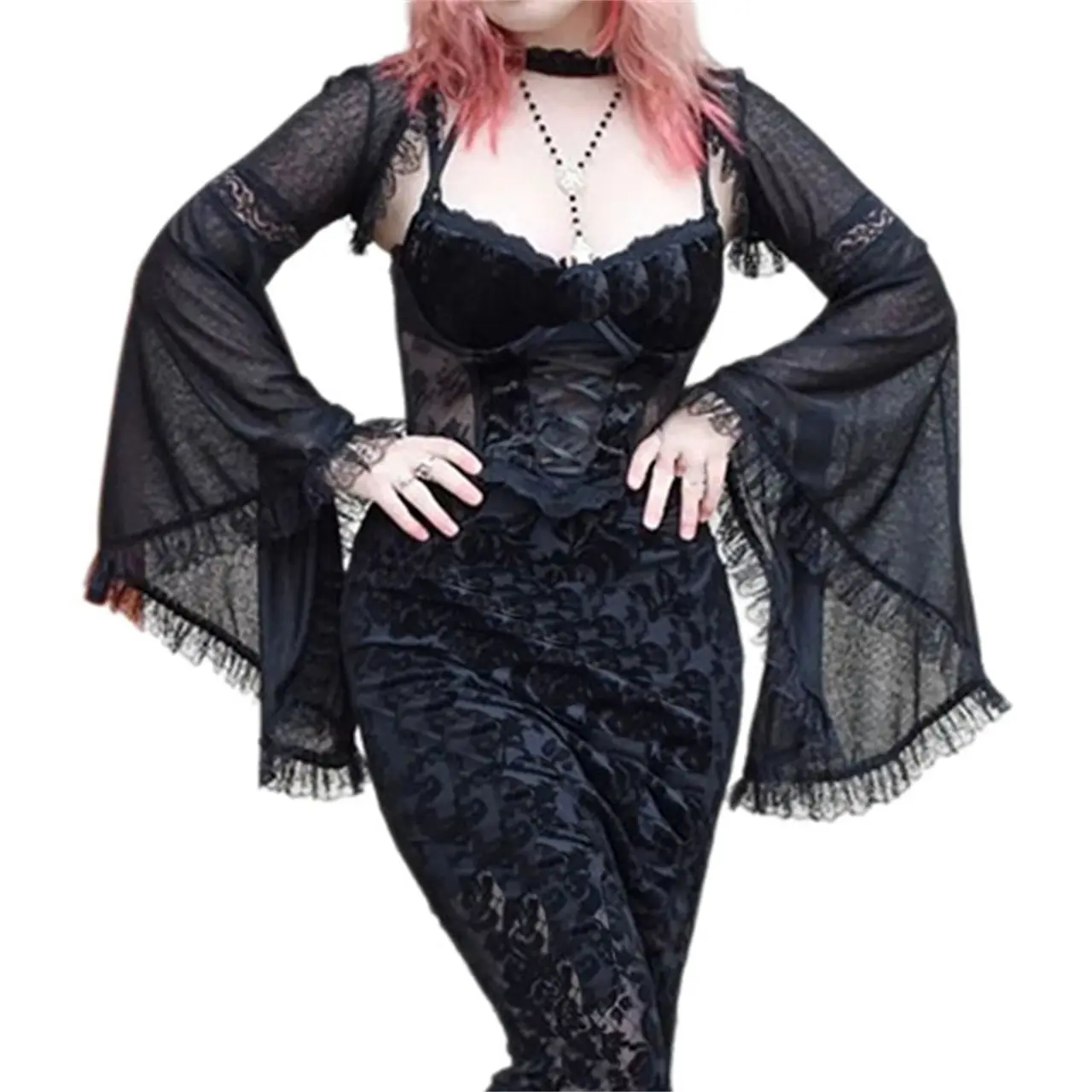 Women's Gothic Crop Cardigan Shrug in Sheer Mesh Fabric with Flared Bell Sleeves & Lace Trim - Dressy Bolero with a Punk Twist for a Dark Festival Vibe