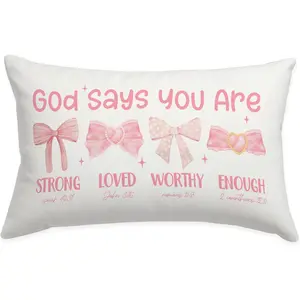 Pink Bow Coquette Christian Throw Pillowcase Cover 12x20, Bow Decor for Girls Room Dorm, Christian Pillowcase Cover Gift for Girls Kids Women, Bible Verse Pink Bows Inspirational Affirmations Gifts