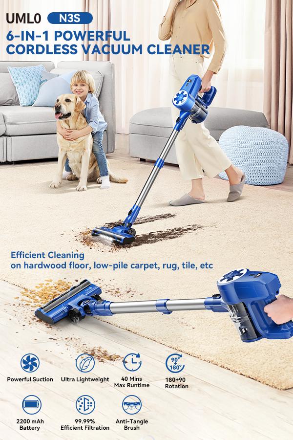 N3S Cordless Vacuum,Lightweight Stick Canister Vacuum,Powerful Suction,Crevice Tool, 40-Minute Runtime, Great for Home/Car on Rugs, Hardwood Floors