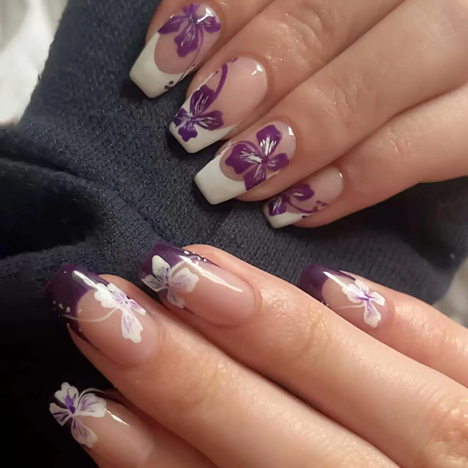 Halloween Fall Gift Flower Press on Nails Long French Tip Flower Fake Nails Glossy Stick on Nail White French with Purple Flower Design False Nails Long Coffin Shape Acrylic Nail for Women Manicure Art