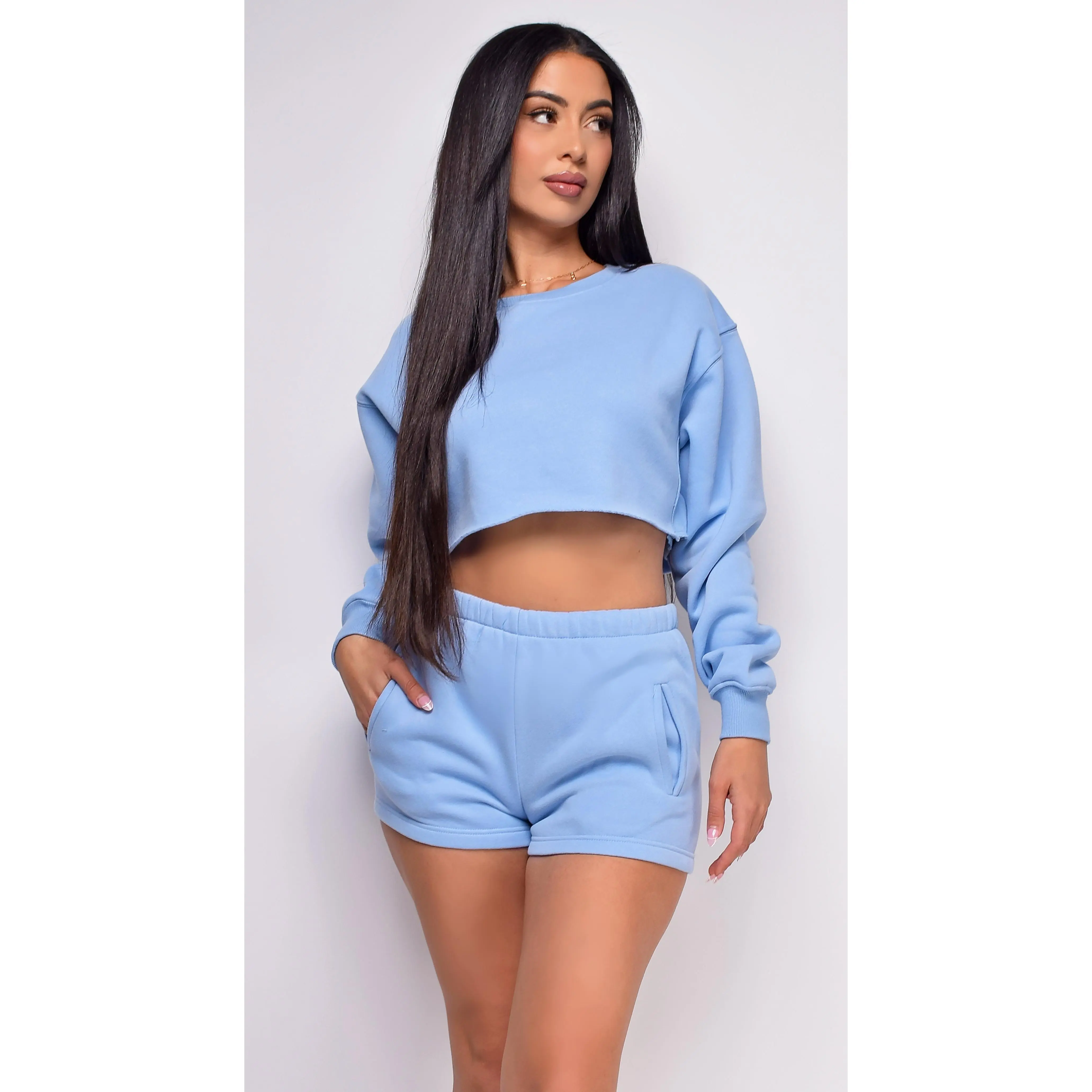 Cozy Up Blue High Waist Shorts & Crop Sweater Lounge Set