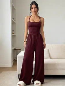 Summer Plain Backless Strapless Women Jumpsuit, Loose Fit Sleeveless Ruched Design, Fashionable Comfortable Casual Punk Style Home Wear, Outerwear Available
