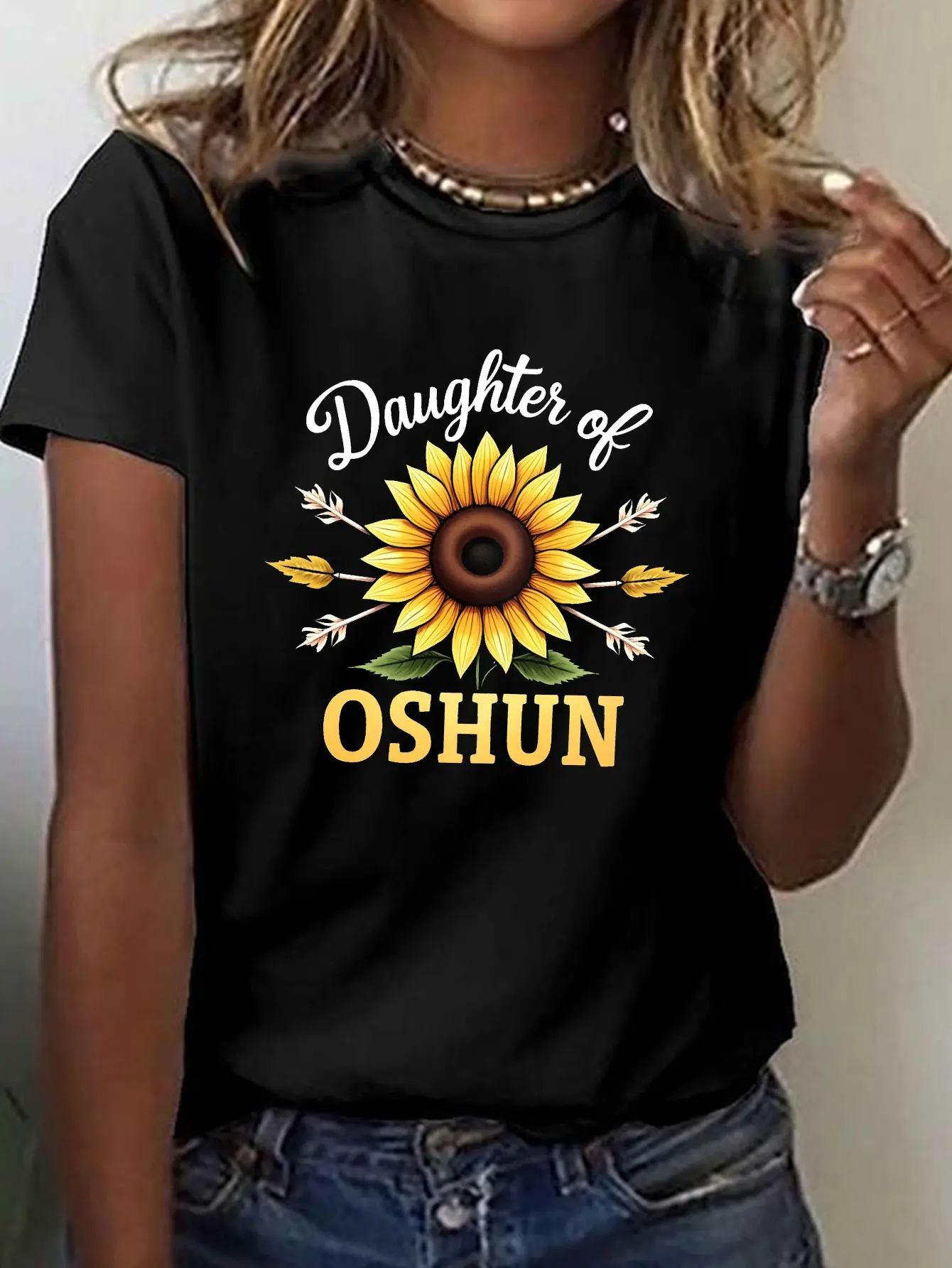 Daughter of OSHUN Sunflower Design Print T-shirt, Short Sleeve Crew Neck Casual Top for Summer & Spring, Women's Clothing