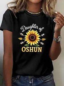 Daughter of OSHUN Sunflower Design Print T-shirt, Short Sleeve Crew Neck Casual Top for Summer & Spring, Women's Clothing