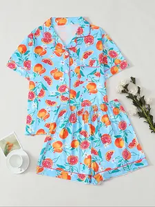 Women's Fruit Print Pajama Set, Soft Fabric Button Front Design, Casual Home Wear, Loungewear, All Seasons Comfortable Sleepwear