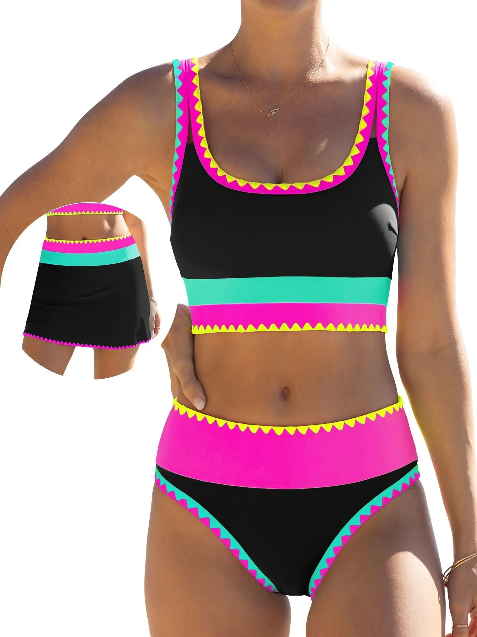 JointlyCreating High Waisted Bikini Sets for Women Tummy Control Swimsuits 3 Piece Bathing Suits Neon Swimwear with Skirt 2026 Trendy Beachwear