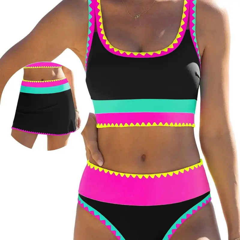JointlyCreating High Waisted Bikini Sets for Women Tummy Control Swimsuits 3 Piece Bathing Suits Neon Swimwear with Skirt 2026 Trendy Beachwear