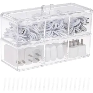 Plastic Cable Management Boxes Set with Lid and 20 Wire Ties, Clear Power Cord Case with 3 Compartments, Electronics Organizer Desk Drawer Accessories Storage For Office Supply (2 PACK)