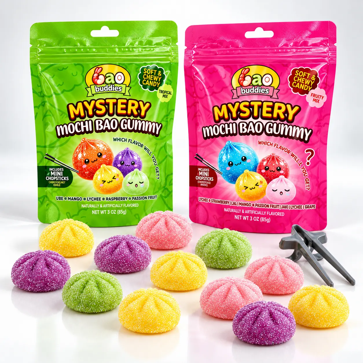 Bao Buddies Mystery Mochi Bao Gummy 2 Bag Pack (1 Tropical Bag  - 1 Fruity Mix Bag)
