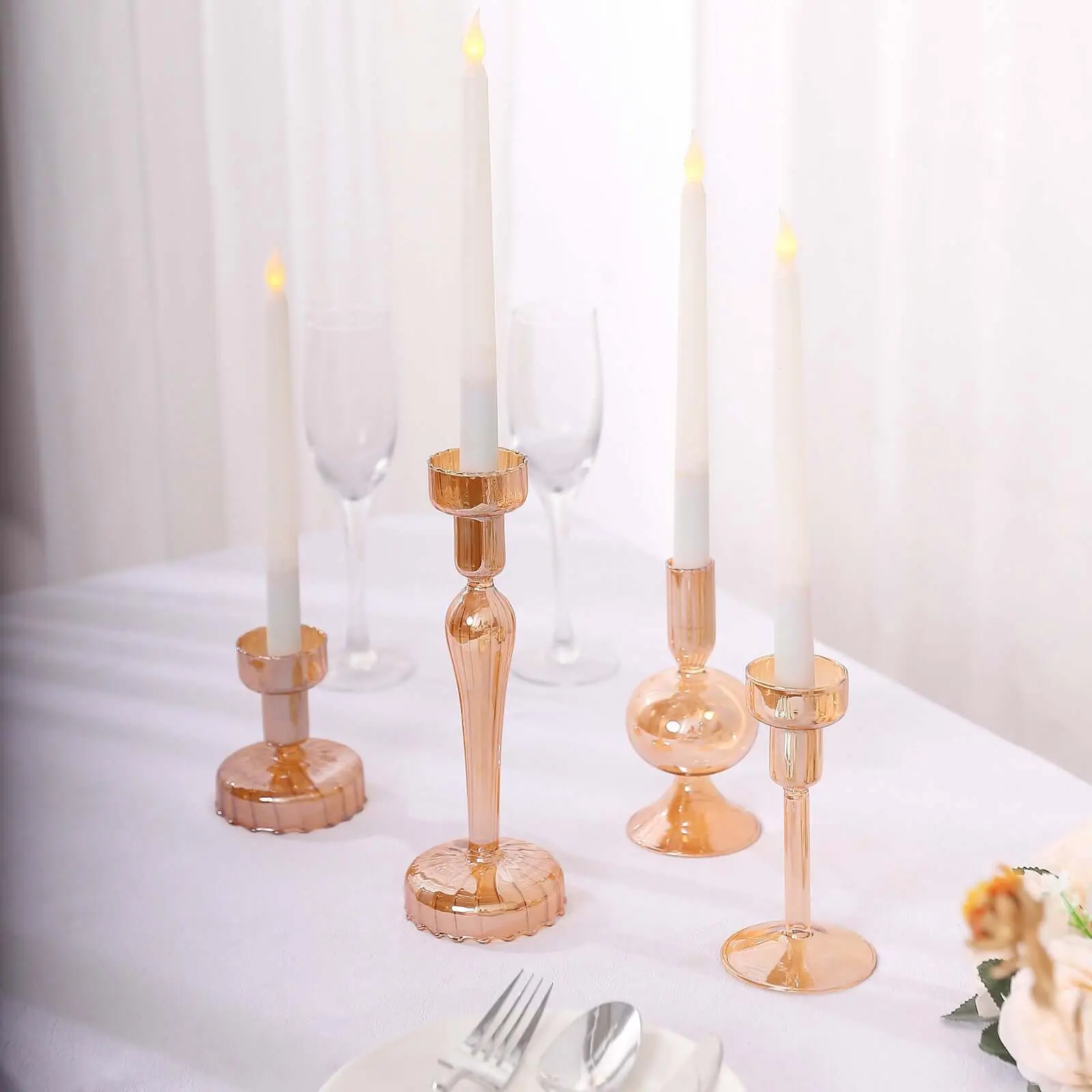 4-Piece Glass Candlestick Holder Set - 4in, 5.5in, 6in, 9in Assorted Amber Gold Lined Crystal Design, Gold Table Decor, Tealight Candle Holder Stand Set