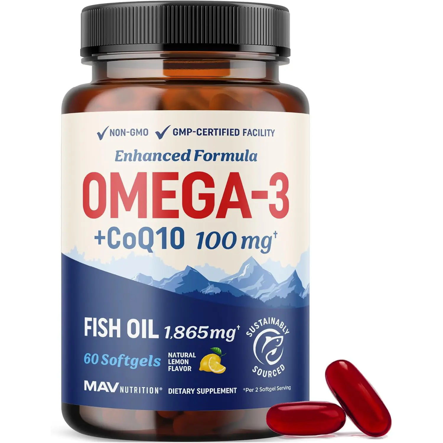 Omega 3 Fish Oil with CoQ10 1305 mg and Coenzyme Q10 100 mg for Heart Health Cellular Energy and Antioxidant Support Non GMO 60 Count
