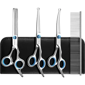 Dog Grooming Scissors for Dogs with Safety Round Tips, 5 in 1 Dog Scissors for Grooming, Professional Curved Pet Grooming Shears Set for Dogs and Cats