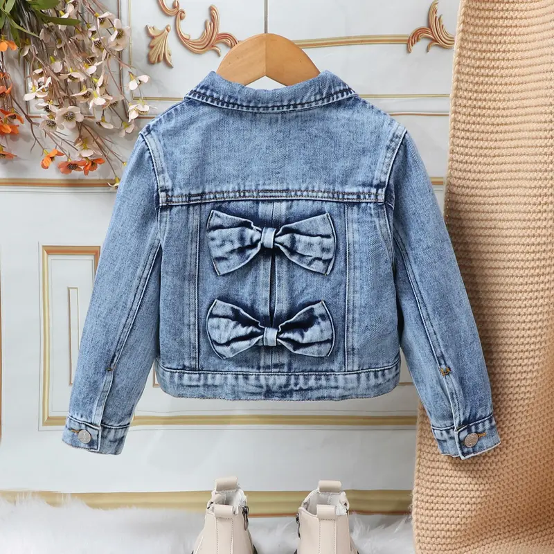 Women's Denim Jacket Coat, Casual Jacket New Arrival Light Wash Blue Comfort Fitted Fashion Vintage Sweet Bowknot Decoration, Daily Wear Outerwear