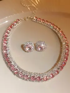 Elegant Artificial Crystal Decorated Necklace & Stud Earrings, Fashion Jewelry Set for Party, Daily Decor, Trendy All-match & Exquisite Jewelry for Birthday Gift