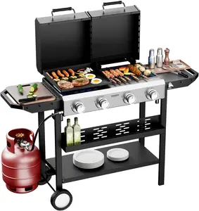 ROVSUN 2-in-1 Propane Gas Grill and Griddle Combo with Lid, 4 Burner Standing Flat Top Griddle & Grill with 40000BTU Output, Auto Ignition, Enamel Grate for Outdoor Backyard BBQ Cooking